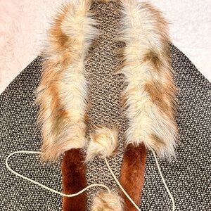 Source Unknown Faux Fur Trimmed Scarf - Brown and Cream